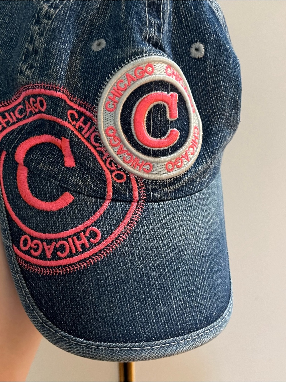 Chicago Denim Baseball Cap with Pink Accent